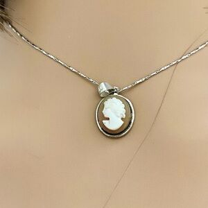 Antique Genuine Shell Cameo - Sterling Pendant w/ 16in Sterling Chain